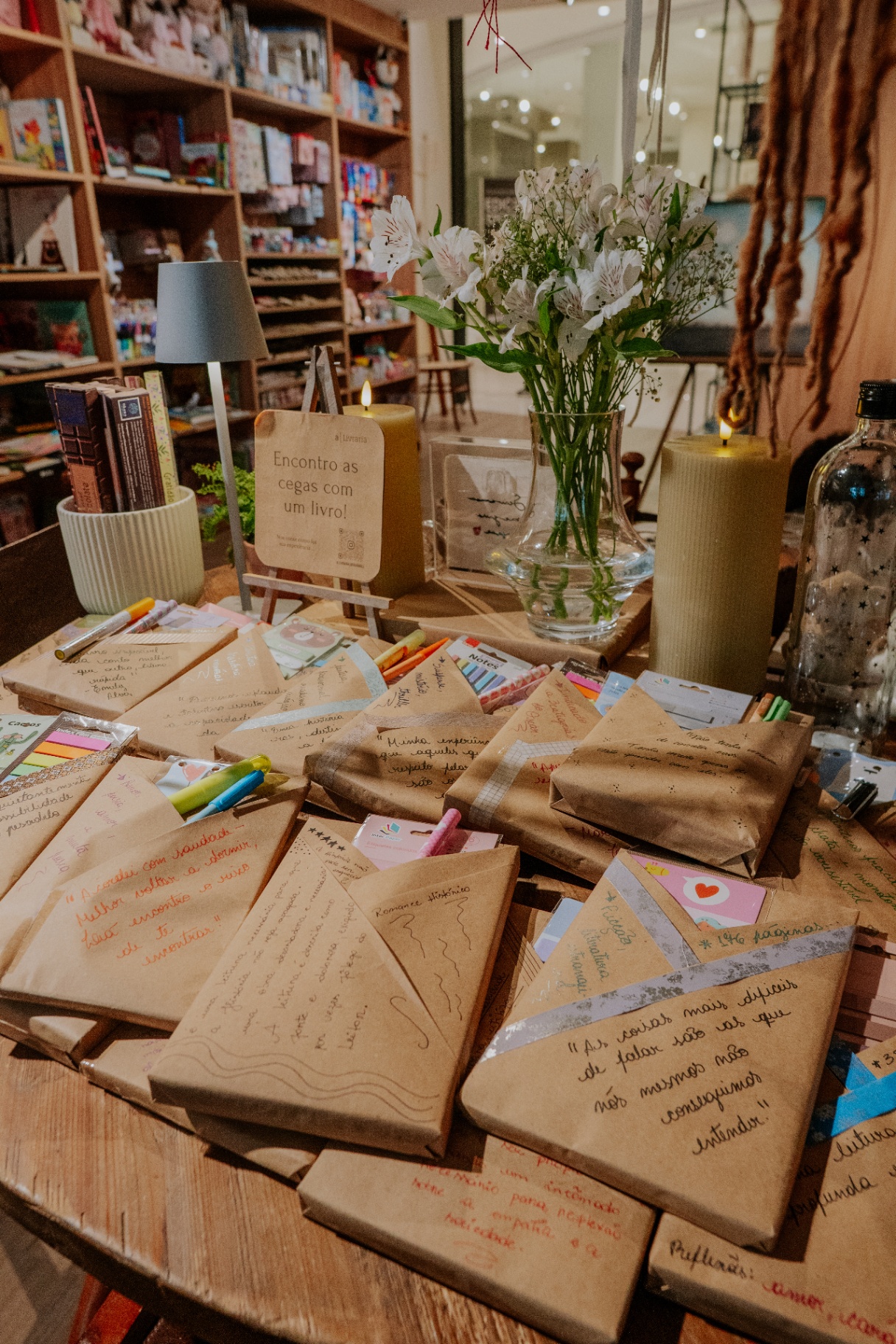 Mesa com livros embrulhados para o Encontro com Livro às Cegas, velas e flores